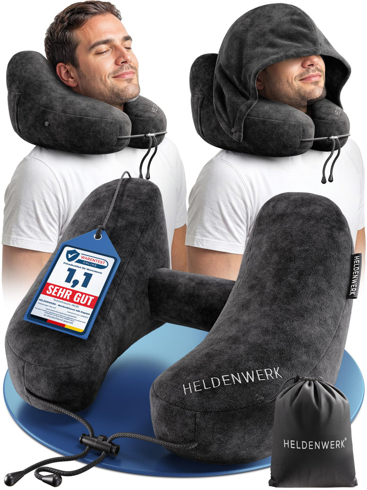 HELDENWERK® Air Nackenkissen Flugzeug Aufblasbar | Reisekissen für 5 Schlafpositionen, schnell aufbl