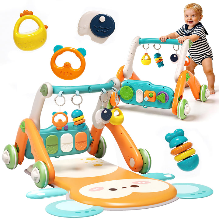 2 in 1 Baby Gym with Walker,Baby Play Mat with 5 Infant Learning Sensory,Double-Sided Multifunctiona