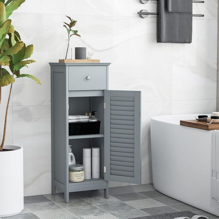 GOPLUS Badzimmerschrank mit Schublade, Badschrank schmal mit Lamellentür &amp; verstellbarem Regal, Aufb