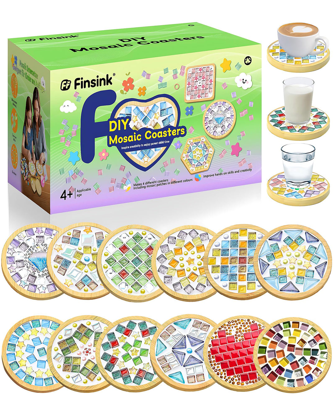 Finsink Mosaik bastelset kinder 12pcs mosaik untersetzer bastelset diy holz untersetzer Set Mosaikst