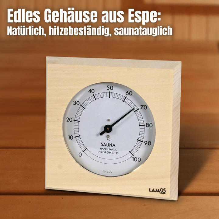 Sauna Hygrometer - FSC Espenholz - Misst Luftfeuchtigkeit - Bimetalltechnik - Synthetik-Haar - Analo