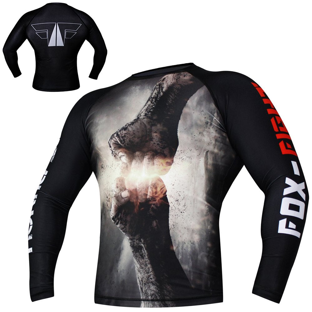 FOX-FIGHT Fist Punch Rashguard Long Sleeves Shirt Kompression MMA BJJ Muay Thai Training Fitness M S