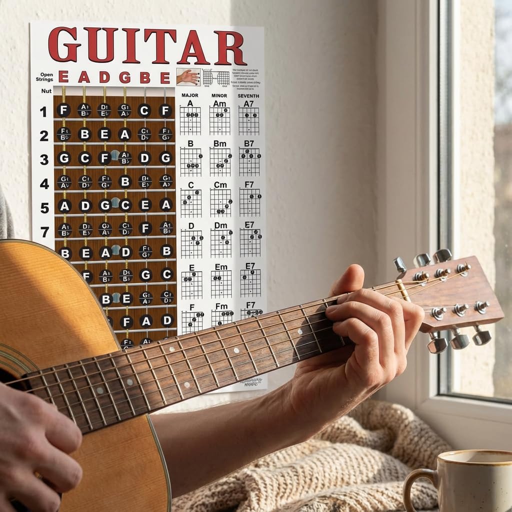 A New Song Music Laminiertes Gitarren-Akkord &amp; Griffbrett Note Chart Anleitung Easy Poster für Anfän