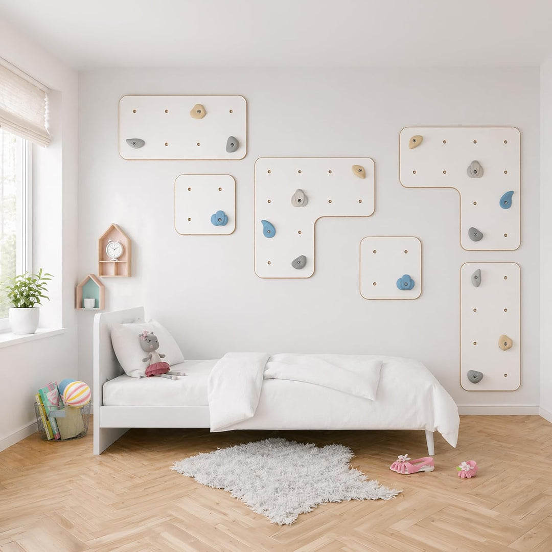MAMOI® Indoor-Kletterwand mit Griffen, Moderne Kletterwand für das Zimmer, weisse Holzwerkstoffplatt