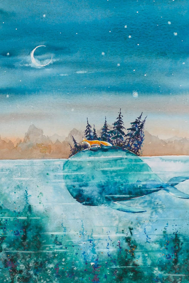 Pixxprint Glasbild | Wandbild aus Echtglas | Fuchs reitet auf Wal bei Nacht | 60x80 cm | inkl. Aufhä