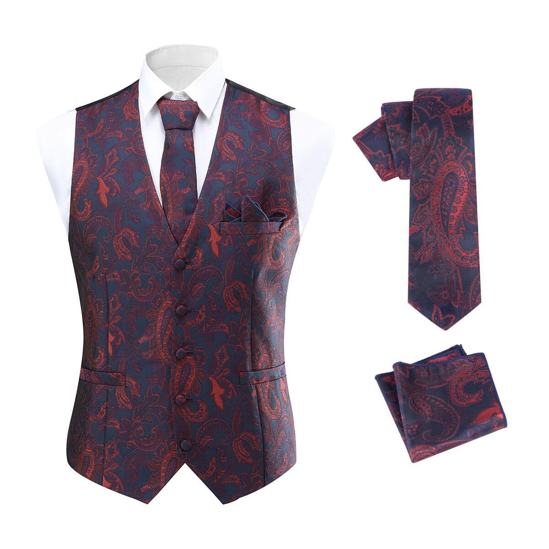 Allthemen Herren Anzugweste Paisley Jacquard Weste Krawatte Einstecktuch Anzug Weste Set für Hochzei