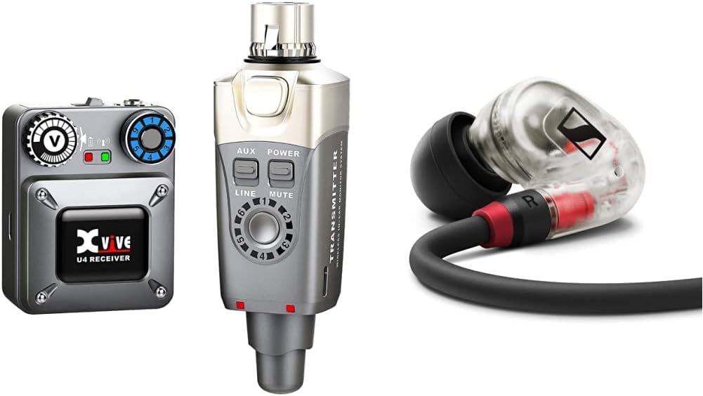 Xvive U4 In-Ear-Monitor, kabelloses digitales Monitorsystem, Schwarz & Sennheiser IE 100 PRO Dynamis