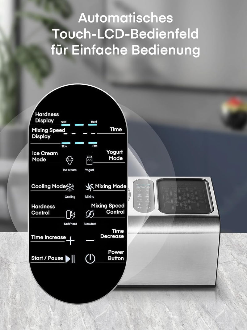 3-in-1 Eismaschine 2L, Joghurtfunktion, Testsieger 2024, 180 W Eiscrememaschine aus Edelstahl mit Kü