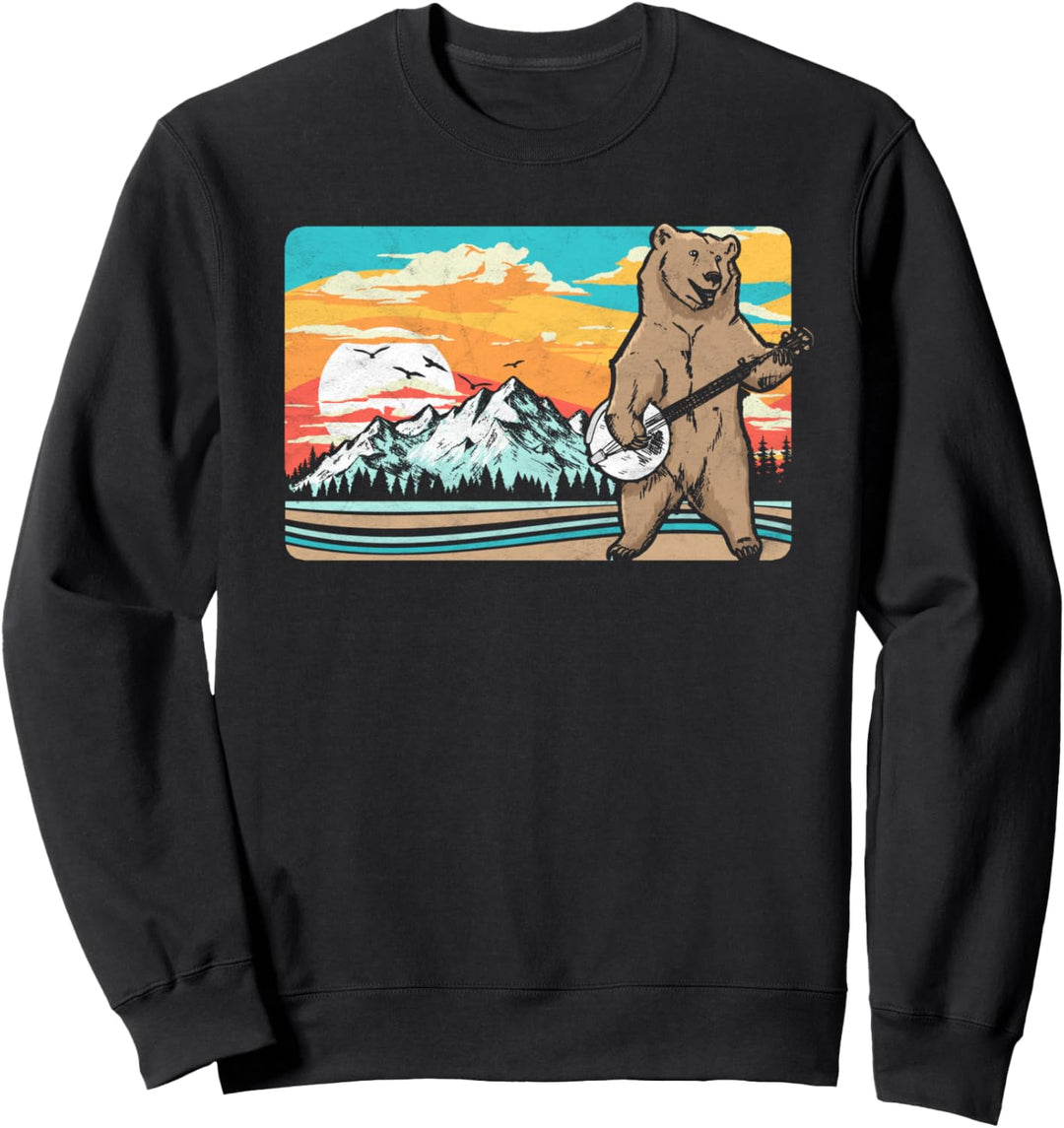 Mountains & Bluegrass Banjo Bear Funny Retro Outdoors Sweatshirt