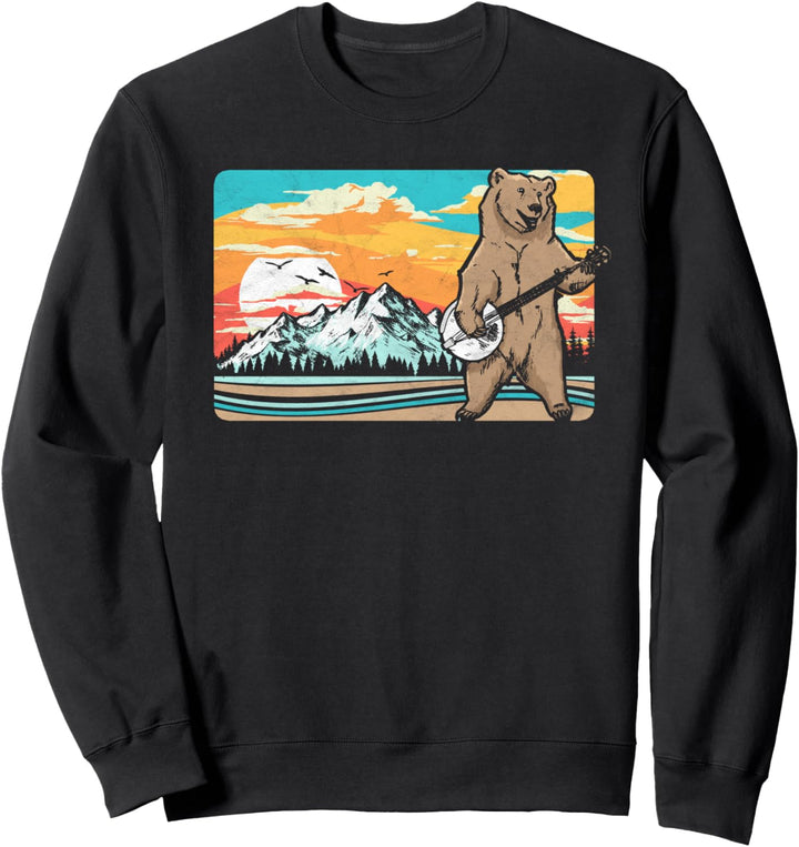 Mountains & Bluegrass Banjo Bear Funny Retro Outdoors Sweatshirt