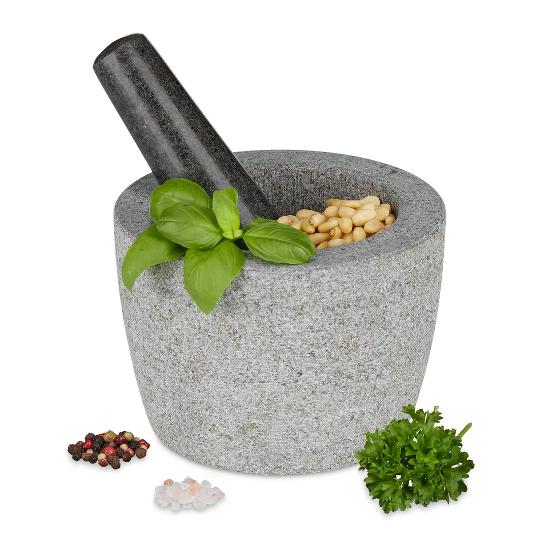 Relaxdays Mörser mit Stössel, Granit, runder Steinmörser, HxD: 10 x 14 cm, Gewürze & Kräuter, schwer