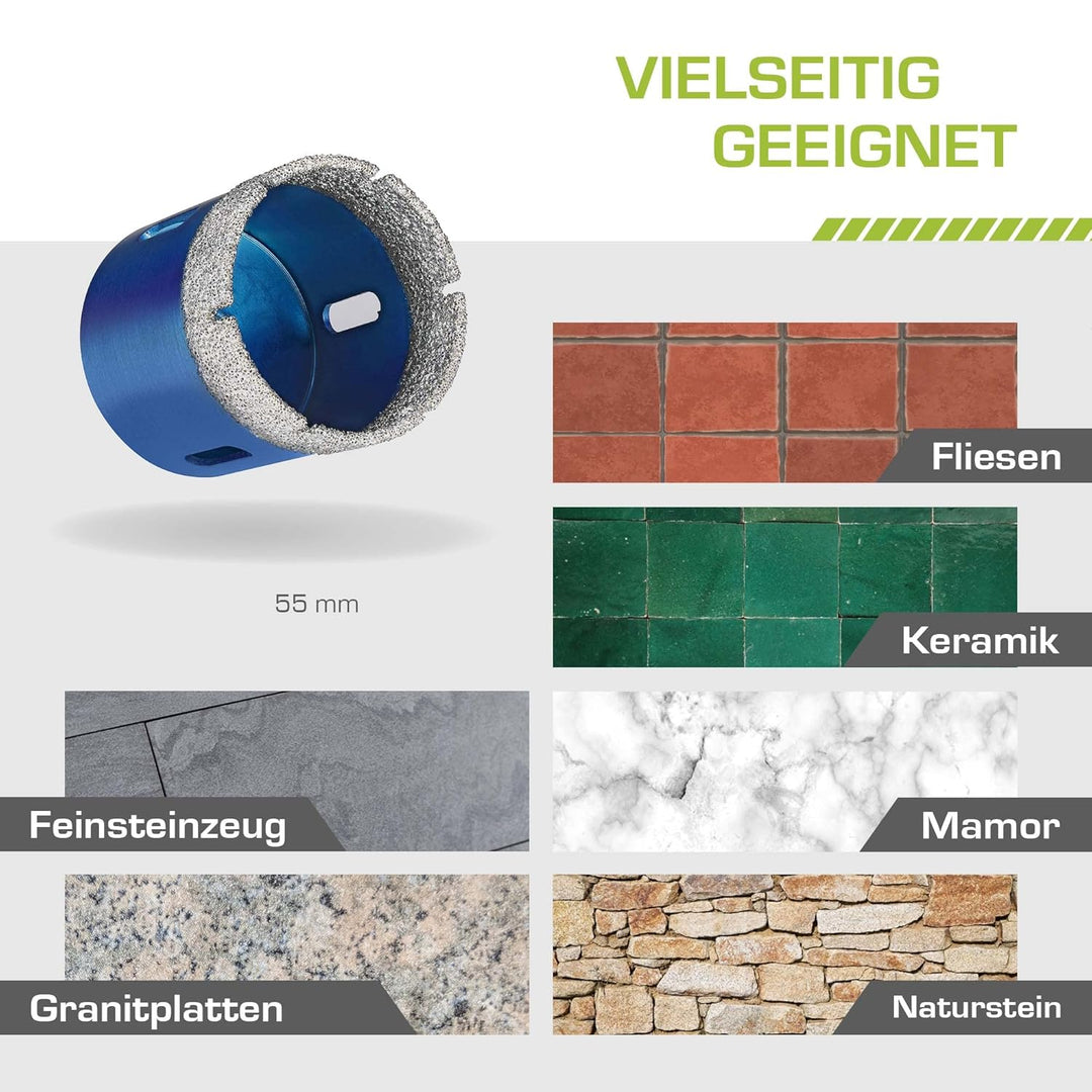 Profi Fliesenbohrer 55mm x M14 - Diamantbohrer für harte Fliesen, Feinsteinzeug uvm. Diamantbohrkron