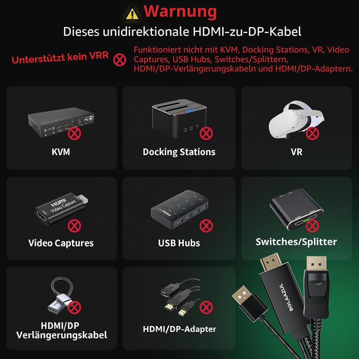 BolAAzuL HDMI auf DisplayPort-Kabel, 4K @ 60Hz, Schwarz, Unidirektional für PS5, PS4 Pro - Monitorka