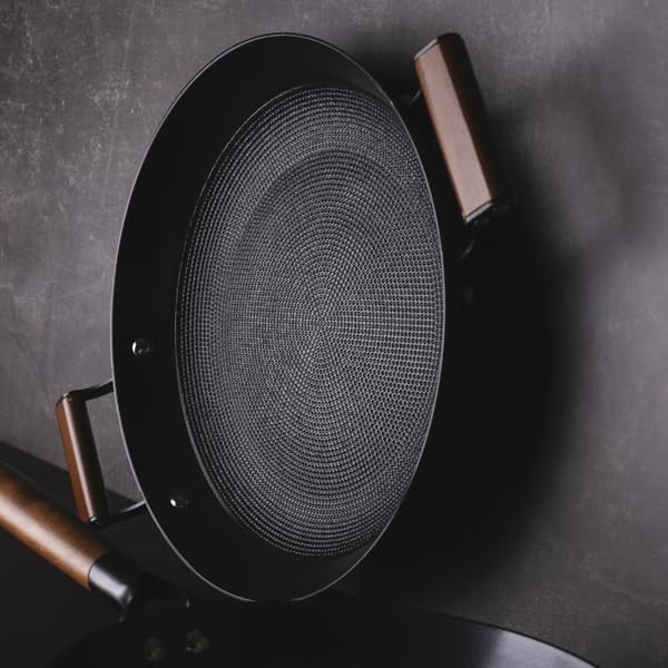 MasterPRO Odín | Grillpfanne | Rundes Design 28 cm | Aus Gepresstem Eisen | Ergonomischer Akazienhol