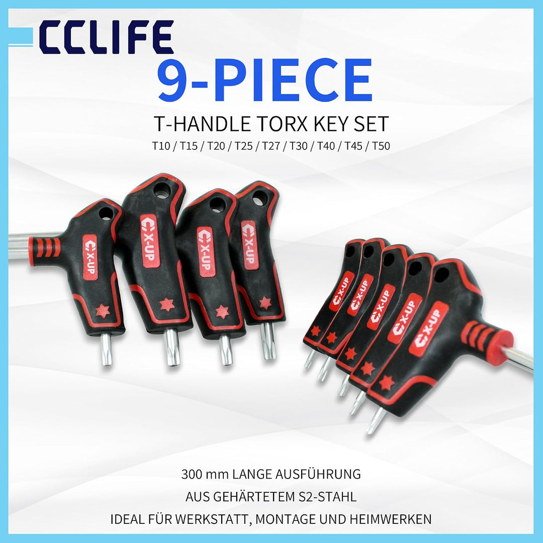 CCLIFE Torx Schlüsselsatz mit T-Griff T10-T50 Torx-Sternschlüssel 9tlg | 300 mm lang,S2-Stahl,Design