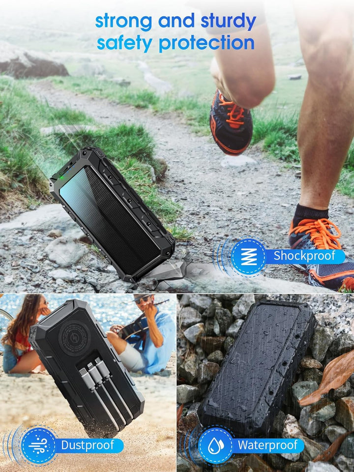 Solar Powerbank 26800mAh, 30W PD 3.0A USB C Power Bank Schnellladen mit 3 Kabeln, (2 USB & 1 Type-c)