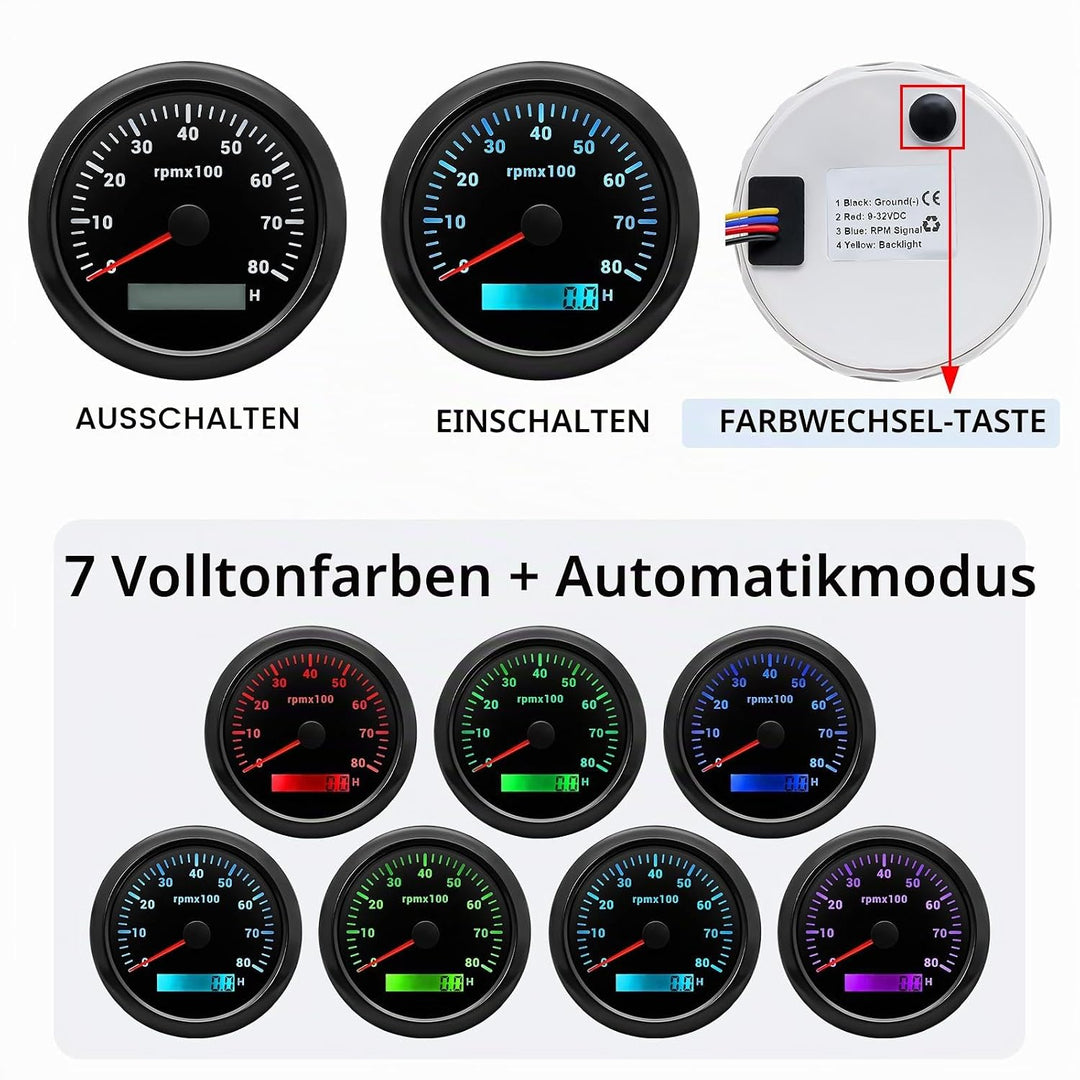 85mm Drehzahlmesser 0-8000RPM Wasserdichtes mit Betriebsstundenzähler 7 Farben Hintergrundbeleuchtun