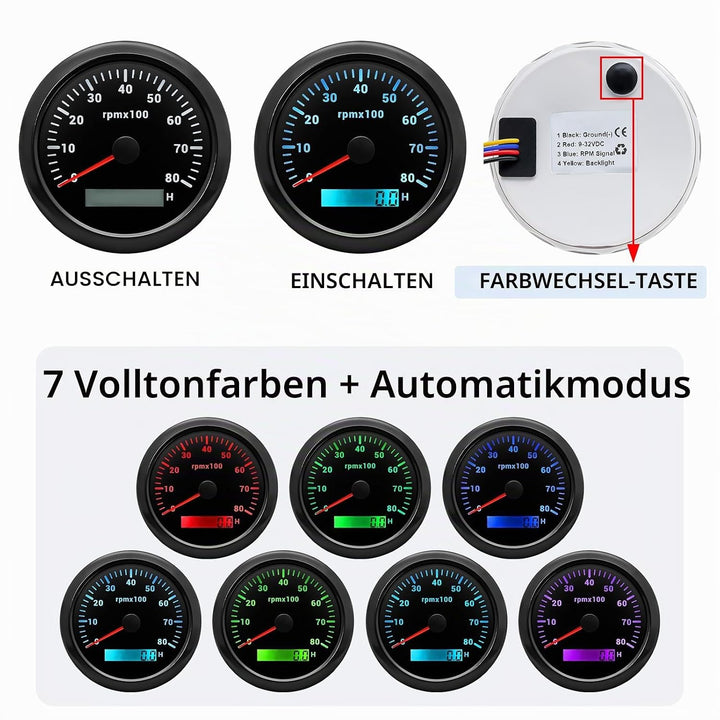 85mm Drehzahlmesser 0-8000RPM Wasserdichtes mit Betriebsstundenzähler 7 Farben Hintergrundbeleuchtun