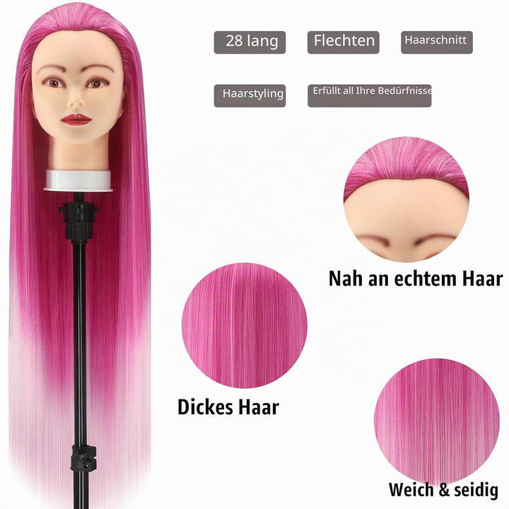Trainingsköpfe, 28 Zoll Frisierkopf für Friseure, 100% Kunstfaser Haar Übungskopf, mit DIY Strickset
