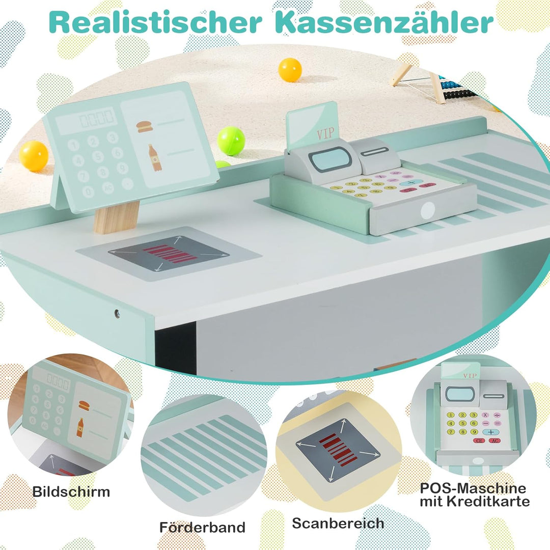 COSTWAY Kinder Kaufladen, Kaufmannsladen aus Holz mit Seitentheke, Supermarkt-Set mit Kasse, POS-Mas