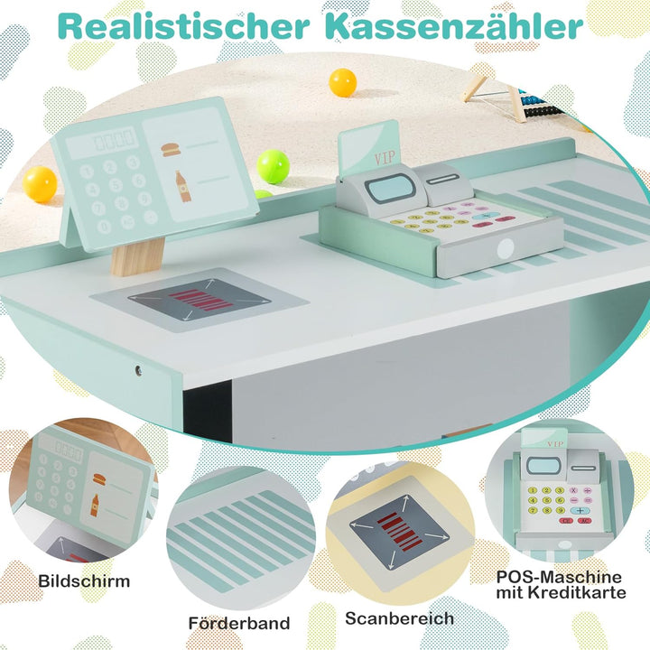 COSTWAY Kinder Kaufladen, Kaufmannsladen aus Holz mit Seitentheke, Supermarkt-Set mit Kasse, POS-Mas