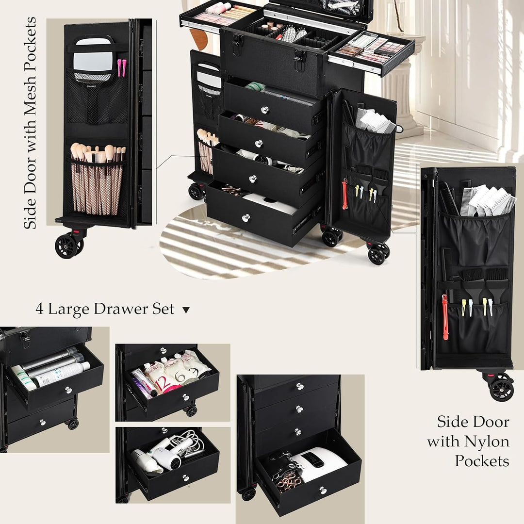 Kosmetik Trolley Kosmetikkoffer Friseurkoffer mit 4 Schubladen Make up Koffer Gross Schminkkoffer Na
