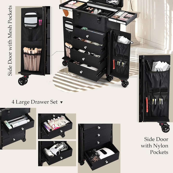 Kosmetik Trolley Kosmetikkoffer Friseurkoffer mit 4 Schubladen Make up Koffer Gross Schminkkoffer Na