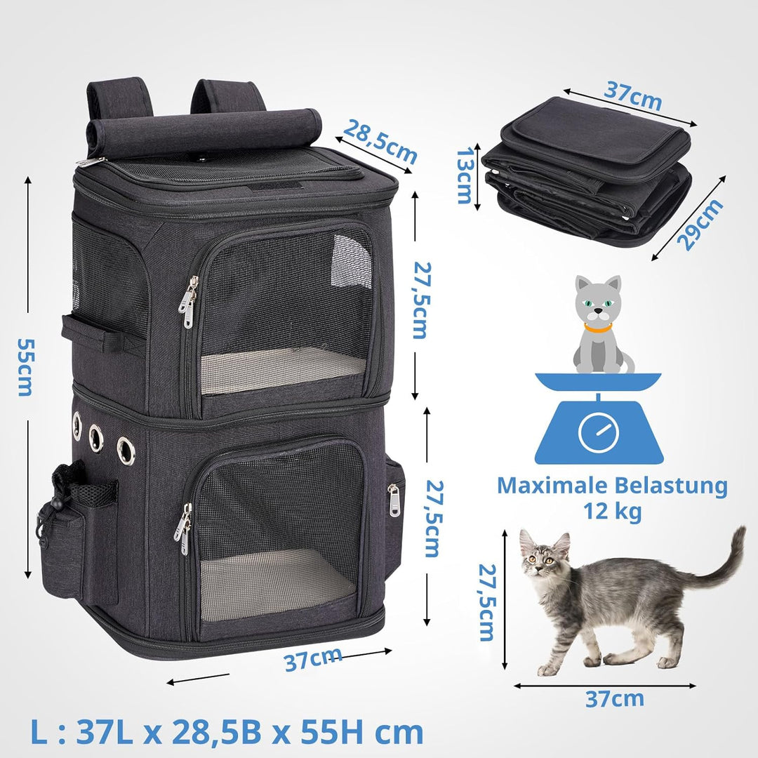 Katzenrucksack Grosse Katzen bis 12kg, Katzentransportbox für 2 Katzen, kleine Hunde und Kaninchen,