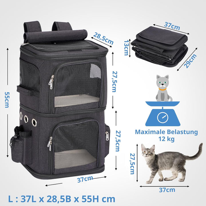 Katzenrucksack Grosse Katzen bis 12kg, Katzentransportbox für 2 Katzen, kleine Hunde und Kaninchen,