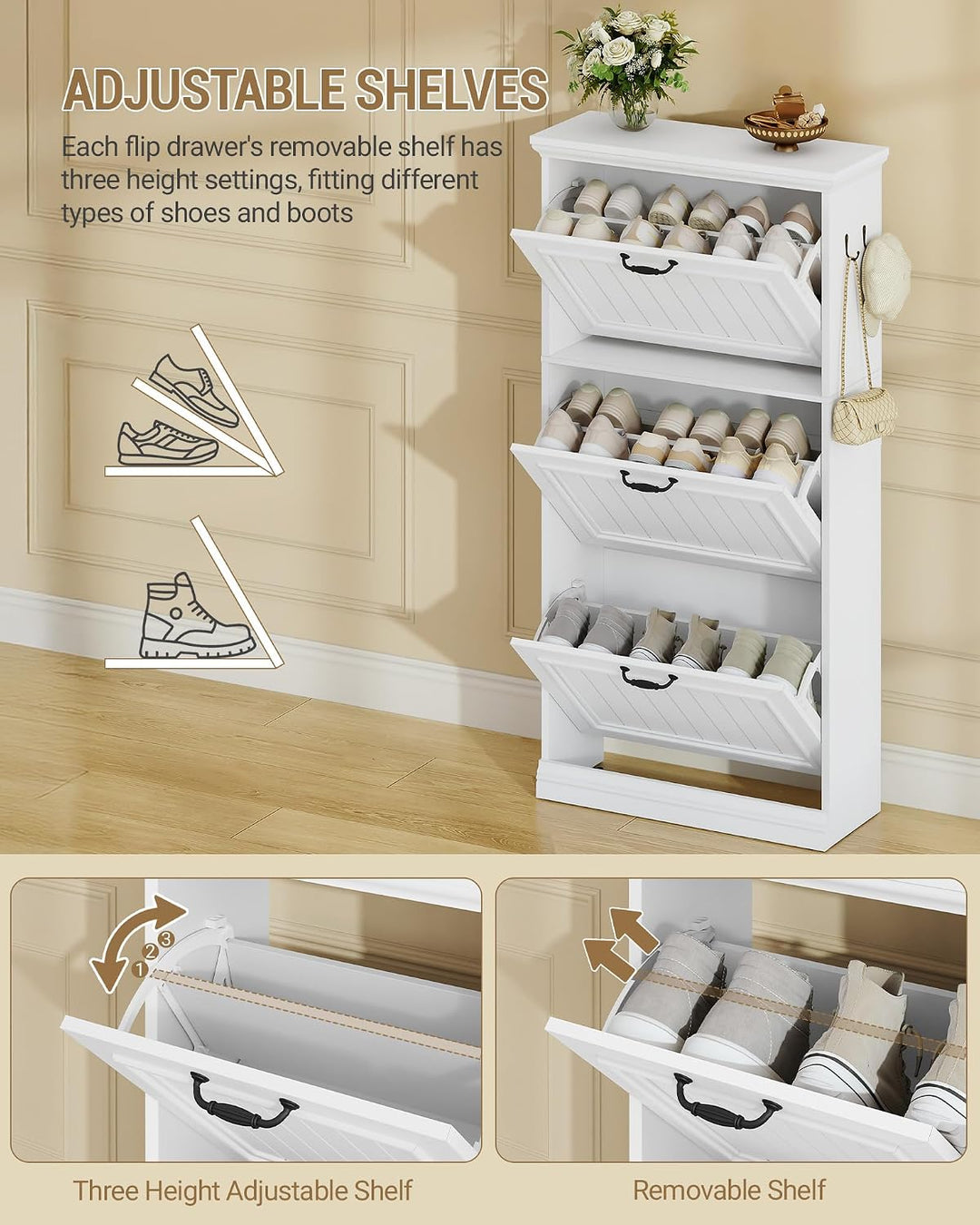 Hzuaneri Schuhschrank mit 3 Klappen, Schmaler Schuhschrank, Holz Schuhkipper, Trennwand Verstellbar,