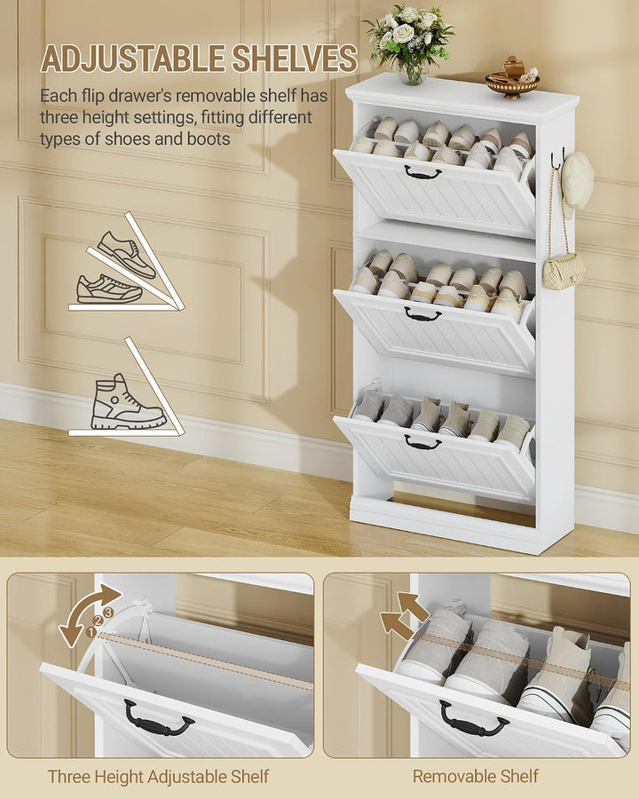 Hzuaneri Schuhschrank mit 3 Klappen, Schmaler Schuhschrank, Holz Schuhkipper, Trennwand Verstellbar,
