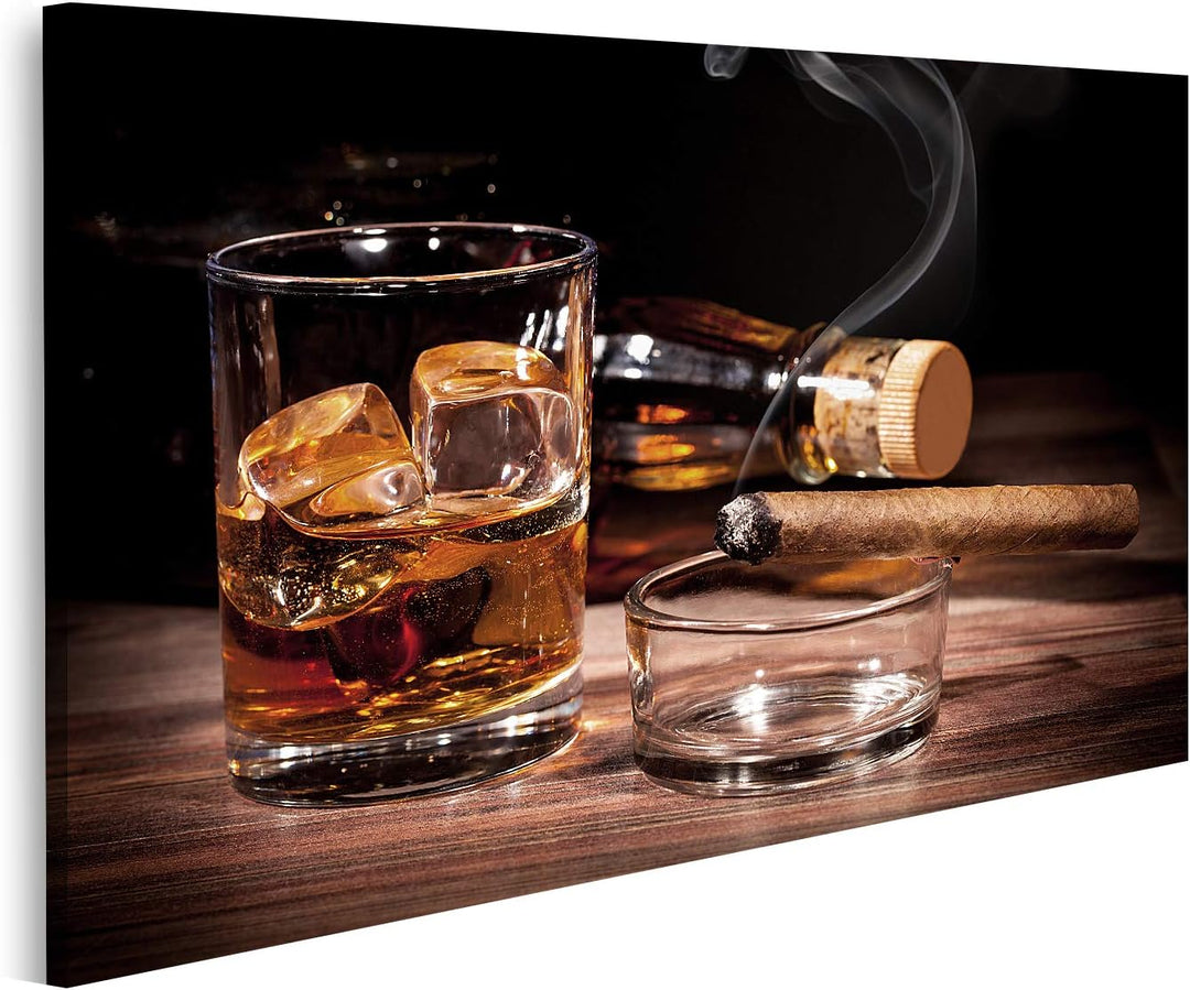 islandburner Bild auf Leinwand Glas Whiskey Zigarre Schwarzer Hintergrund Bilder Wandbilder Poster L