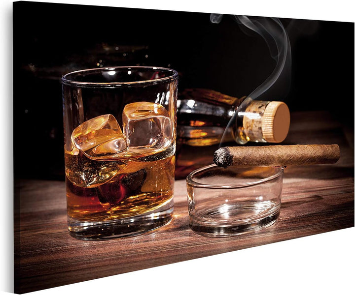 islandburner Bild auf Leinwand Glas Whiskey Zigarre Schwarzer Hintergrund Bilder Wandbilder Poster L