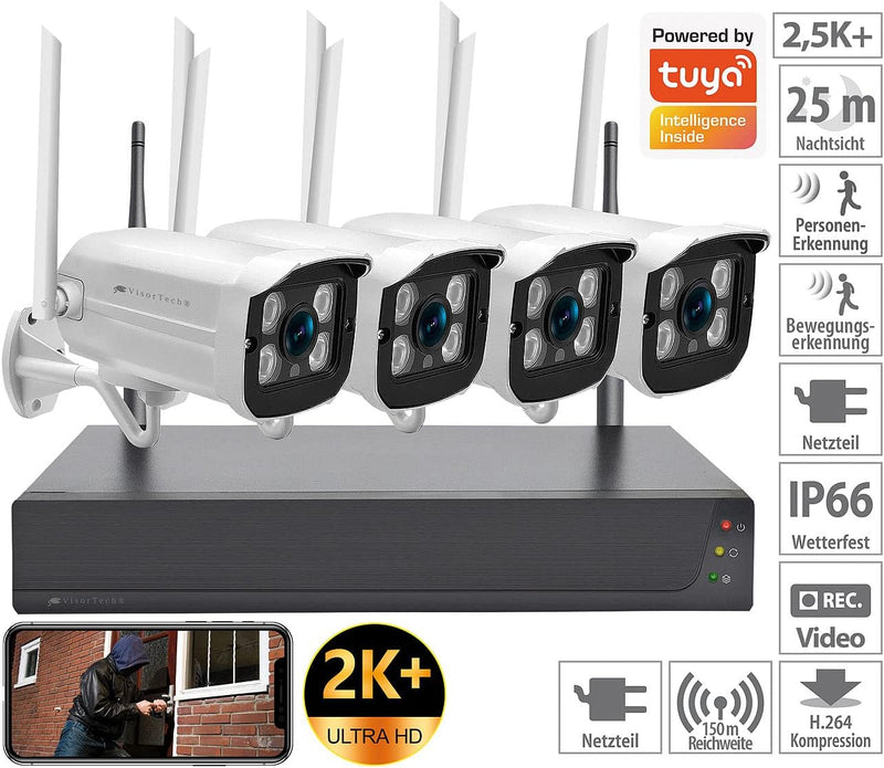 VisorTech Überwachung Set: Funk-Überwachungssystem mit HDD-Rekorder & 4 IP-Kameras, 2K+ und App (Cam