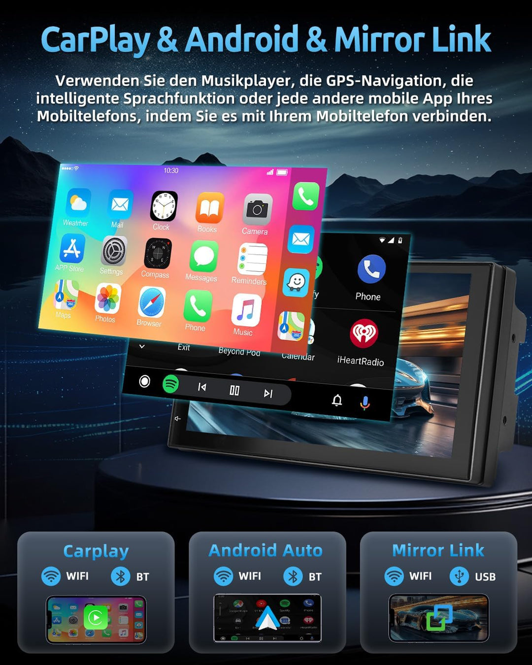 ESSGOO 4+64G Autoradio mit Wireless Carplay und Android Auto, 7 Zoll Doppel 2 Din HD Bildschirm Auto