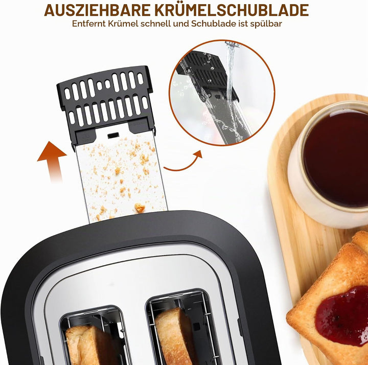 KitchenBoss Edelstahl Toaster 2 Scheiben：Toaster mit 6 Bräunungsstufen | Brötchenaufsatz, Abschaltau