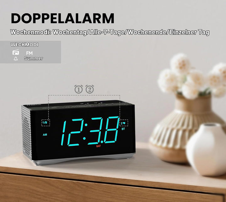 iTOMA Radiowecker，Bluetooth Stereo Lautsprecher, FM Radio, Dual Wecker, Snooze, Helligkeitsdimmer, U