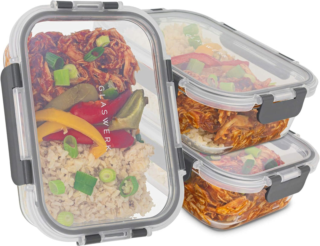 GLASWERK Meal Prep Boxen (3x 1040 ml) mit einer Kammer, Glasbehälter mit Deckel, Frischhaltedosen mi