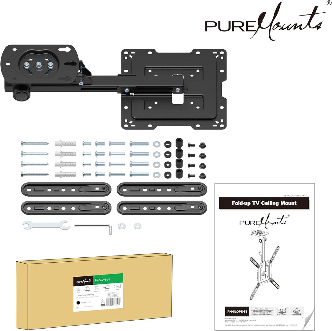 PureMounts TV Deckenhalterung für Fernseher, geeignet für 23-55 Zoll, klappbar, höhenverstellbar, sc
