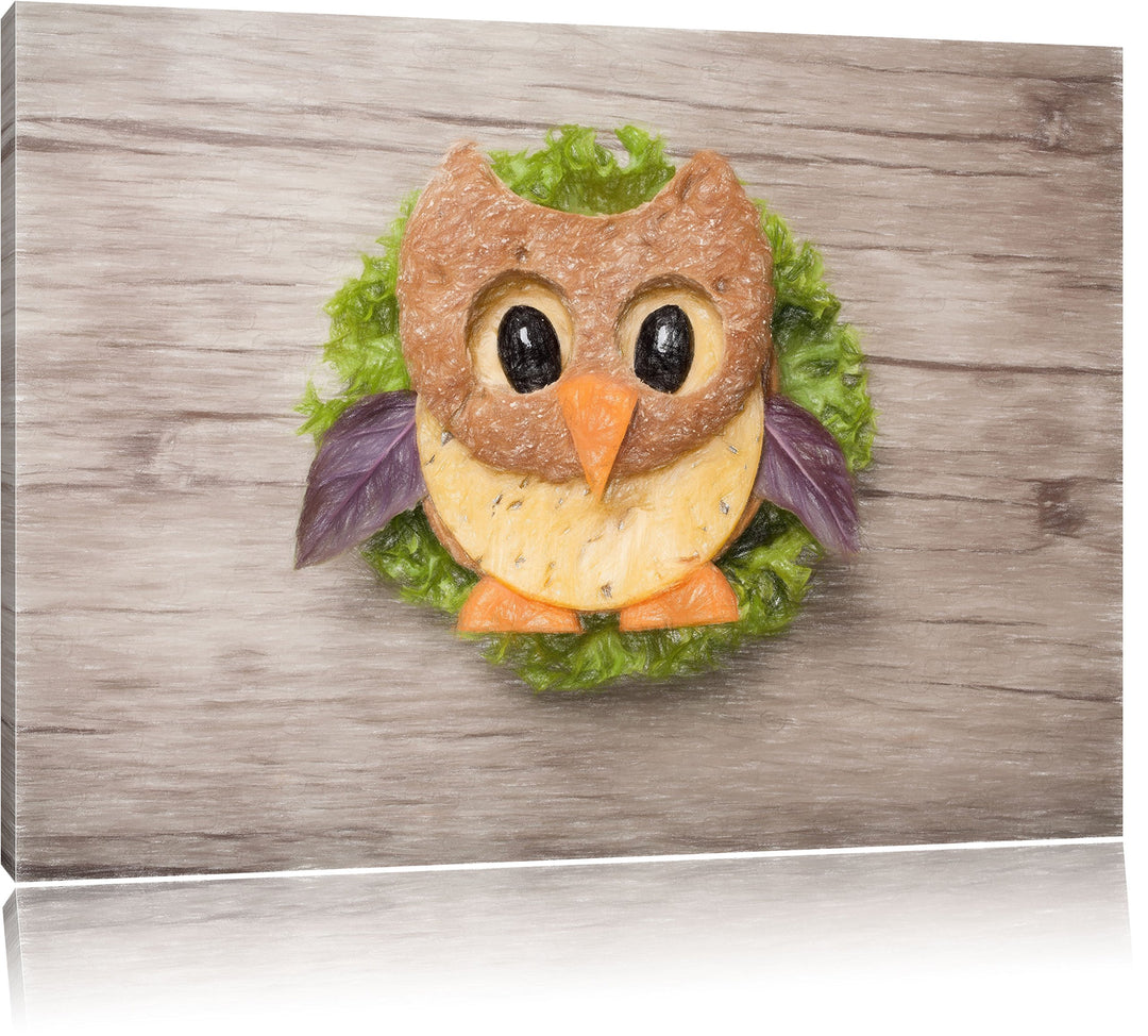 Pixxprint das lustige Eulen Sandwich Kunst Buntstift Effekt, Format: 100x70 auf Leinwand, 100x70