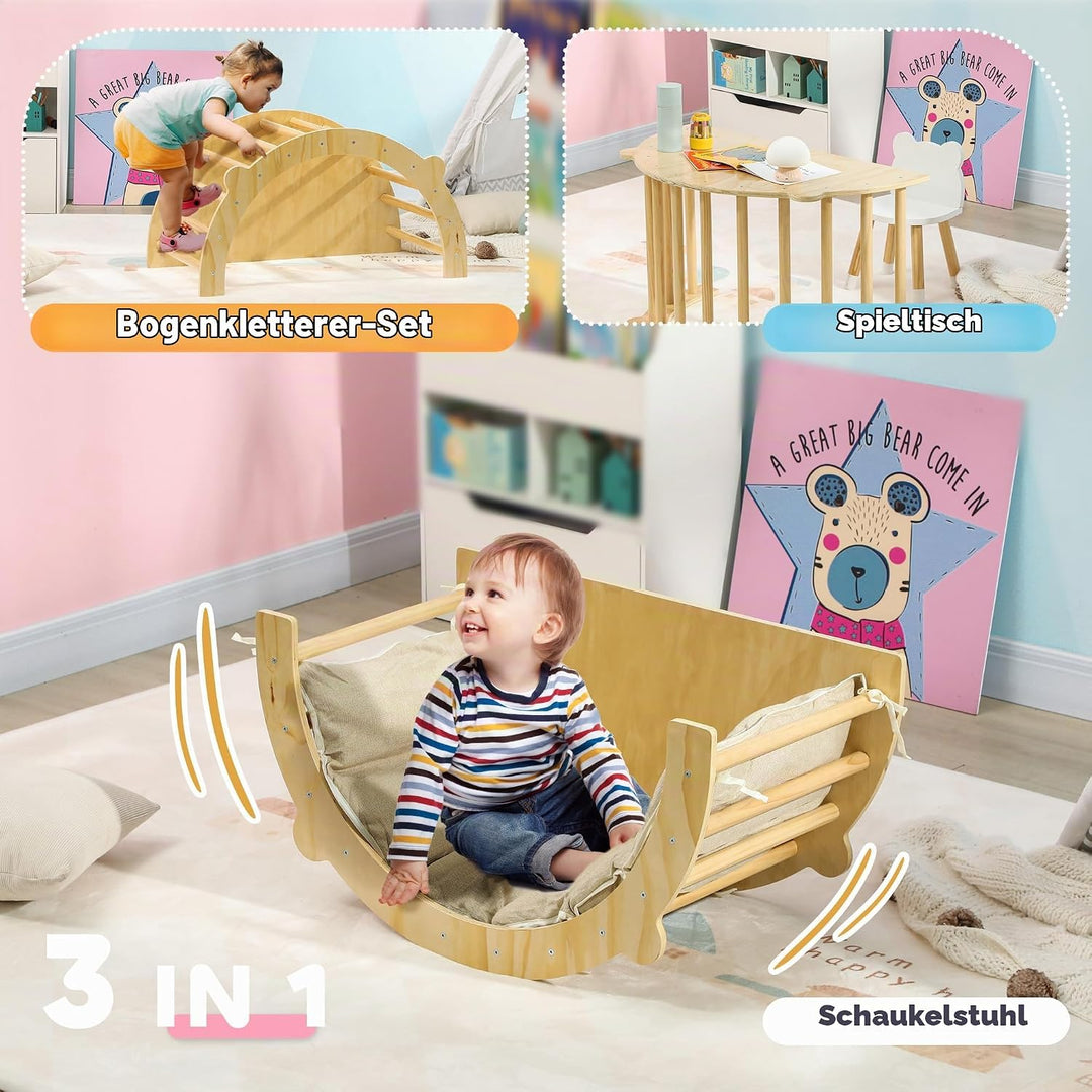 AIYAPLAY 3-in-1 Montessori Klettergerüst Indoor Holz Kletterbogen mit Tischplatte Matte Indoor Spiel