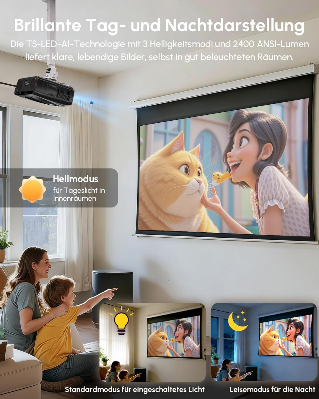 Tageslicht Beamer 2400 ANSI Ultra HD 4K HDR10+ Smart Projektor mit 2026 automatischer Objektivabdeck