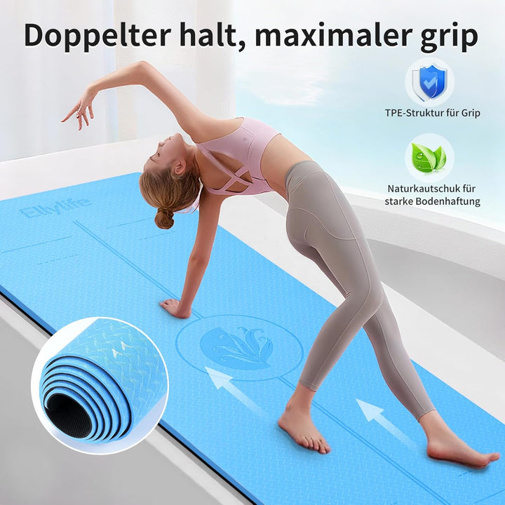 Yogamatte aus ECO Naturkautschuk & Hhautfreundlichem TPE, Extrem Rutschfest, Ausrichtungslinien, Ein