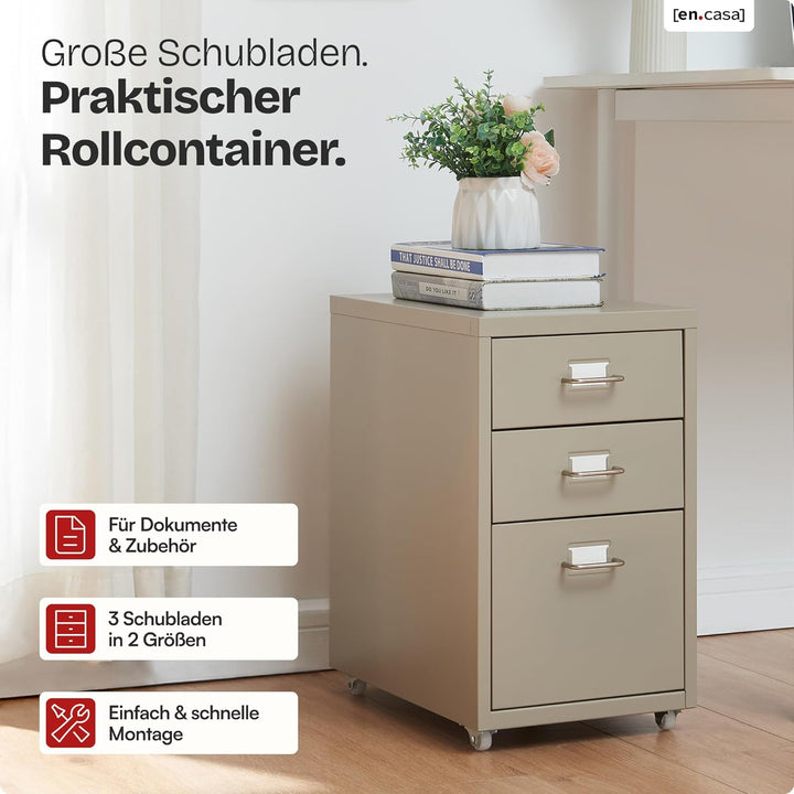 [en.casa] Rollcontainer Kökar Schubladenschrank Metall Aktenschrank mit 3 Schubladen Bürowagen mit R