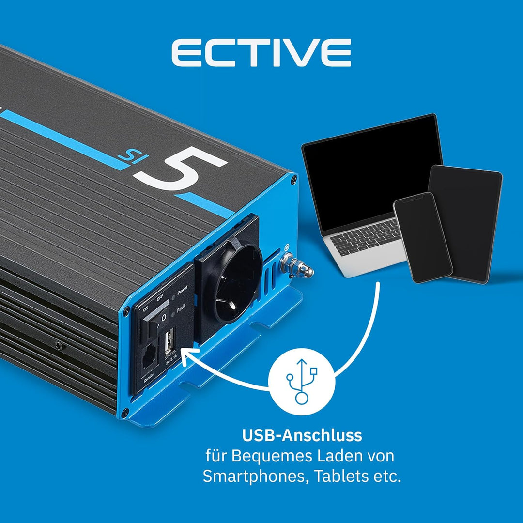 ECTIVE Reiner Sinsus Wechselrichter SI5-500W, 12V auf 230V, USB, Überlastschutz, Überhitzungsschutz,