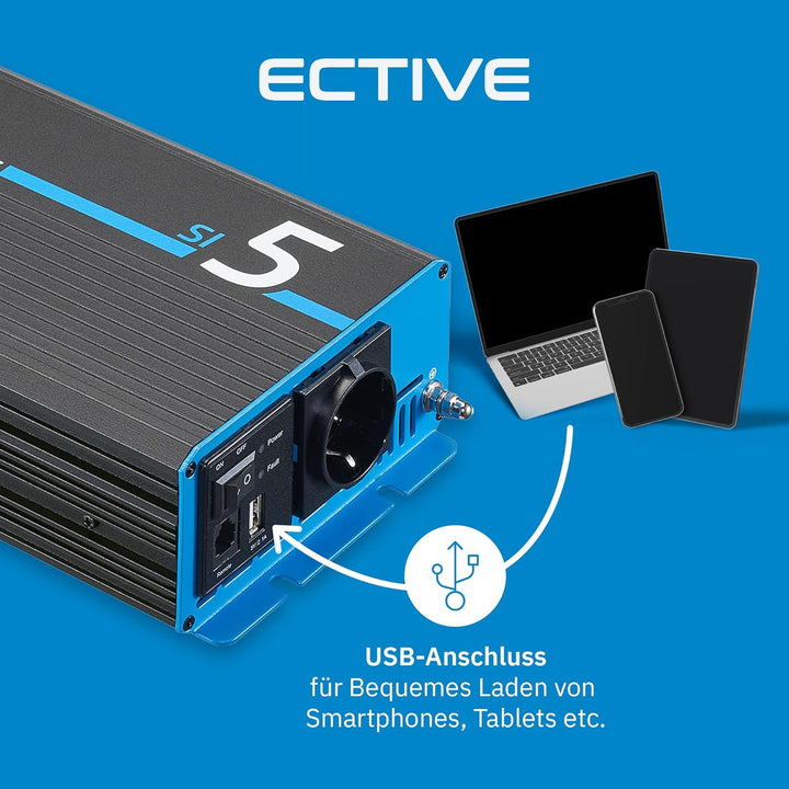ECTIVE Reiner Sinsus Wechselrichter SI5-500W, 12V auf 230V, USB, Überlastschutz, Überhitzungsschutz,
