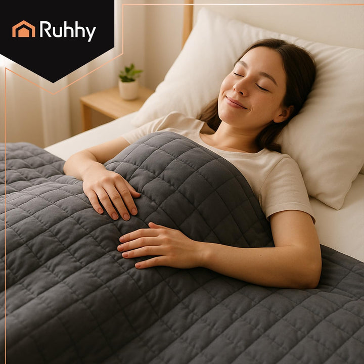 Ruhhy Gewichtsdecke 10 kg 200×220 cm – Grosse Zweilagige Decke in Grau mit Glasperlen, Gleichmässige