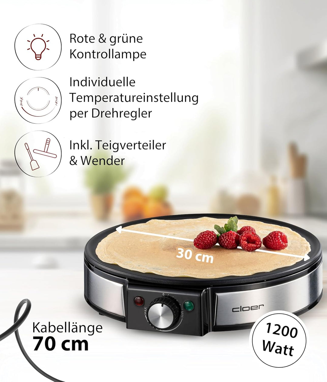 Cloer 6630 Crêpes-Maker, für süsse oder herzhafte Crepes mit 30 cm Ø, 1200 W, Antihaftbeschichtung,