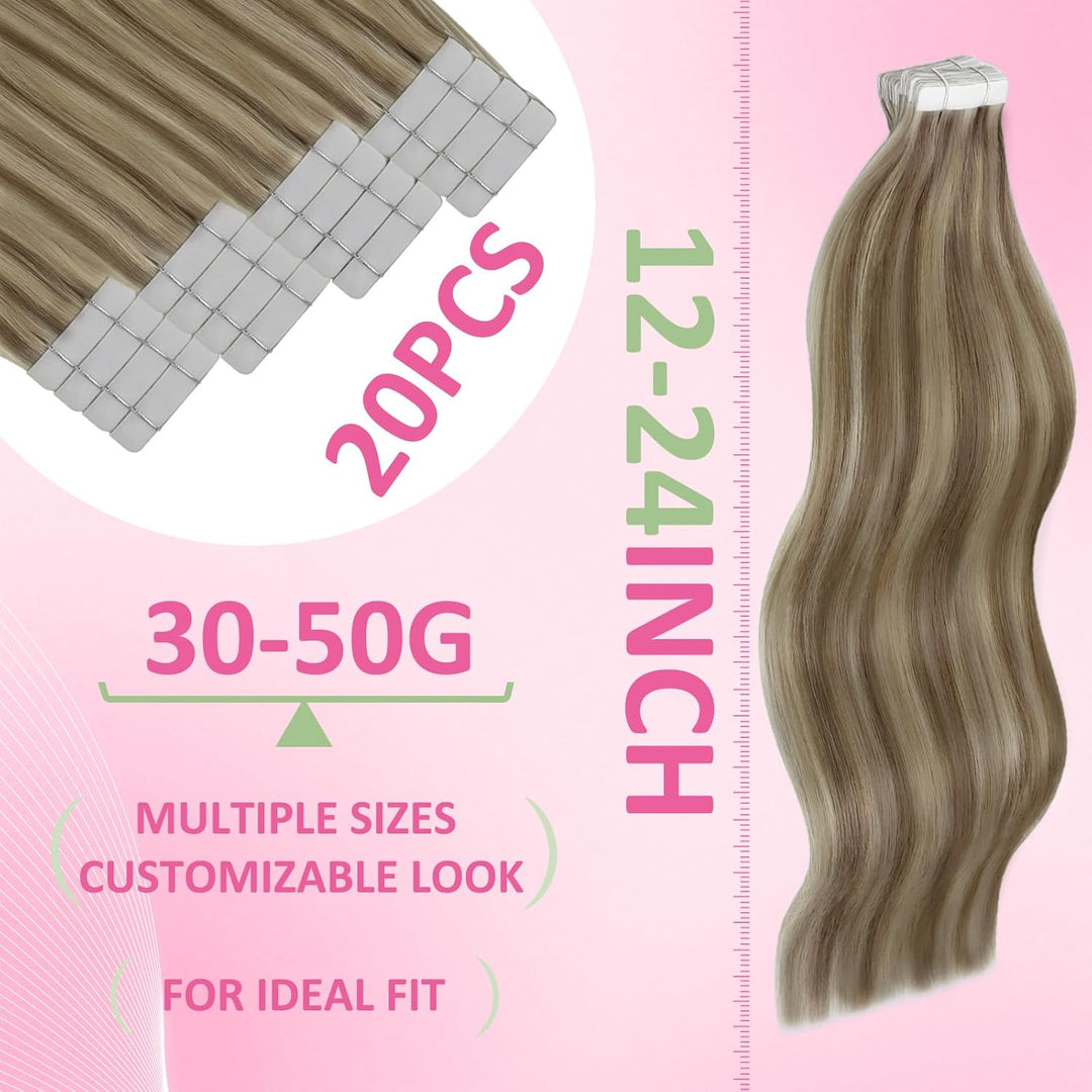 YoungSee Echthaar Extensions Tape Hellbraun 60 cm Tape in Extensions Echthaar Braun Blond Tape in Ex