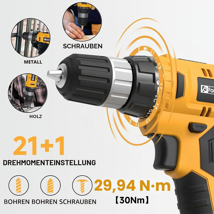 FADAKWALT Akkuschrauber Akku Bohrschrauber Akkubohrer Akku Bohrmaschine 20V, 30 Nm, 21+1 Drehmoments